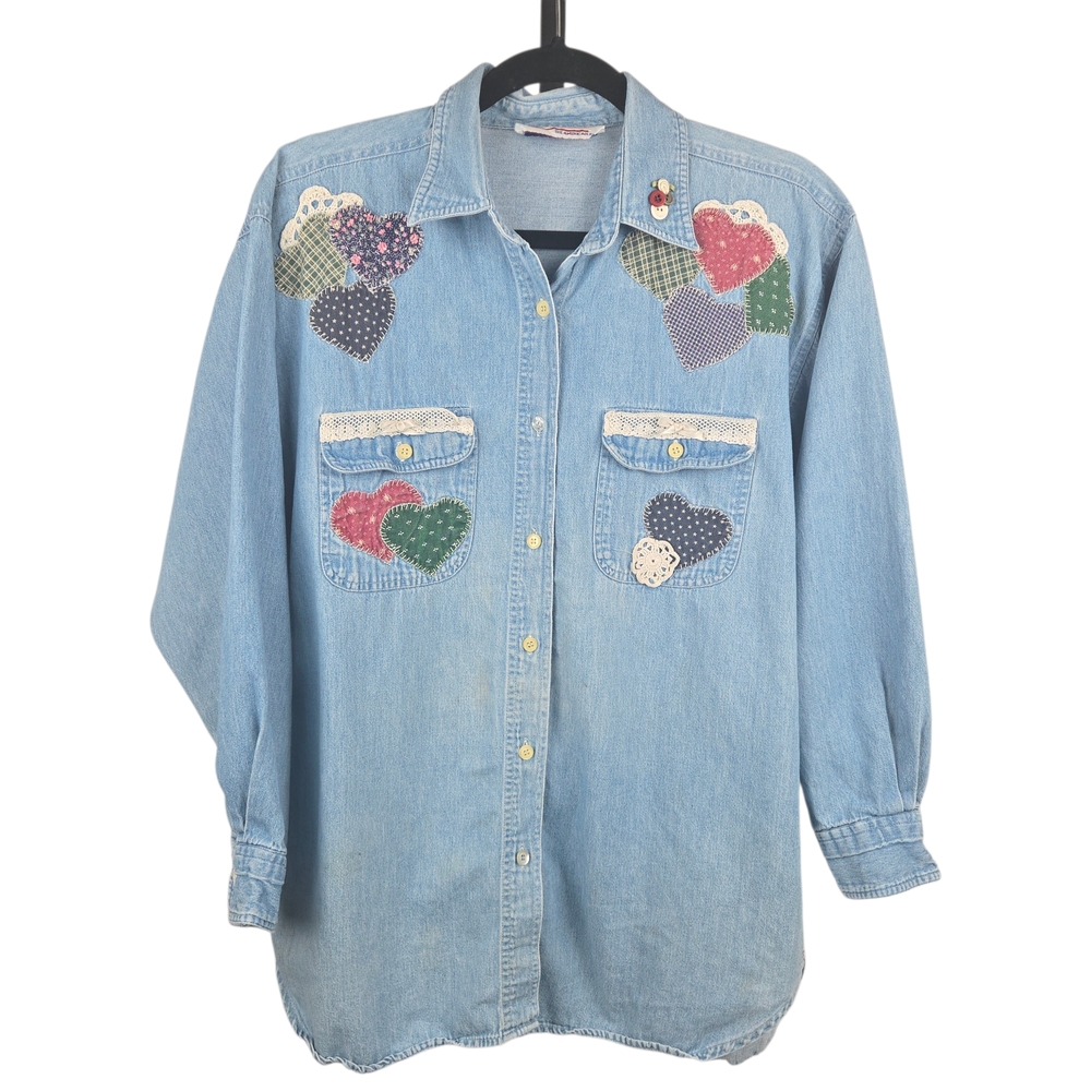 Vintage Amrav American Rave Embroidered Patchwork Denim Shirt Size Large